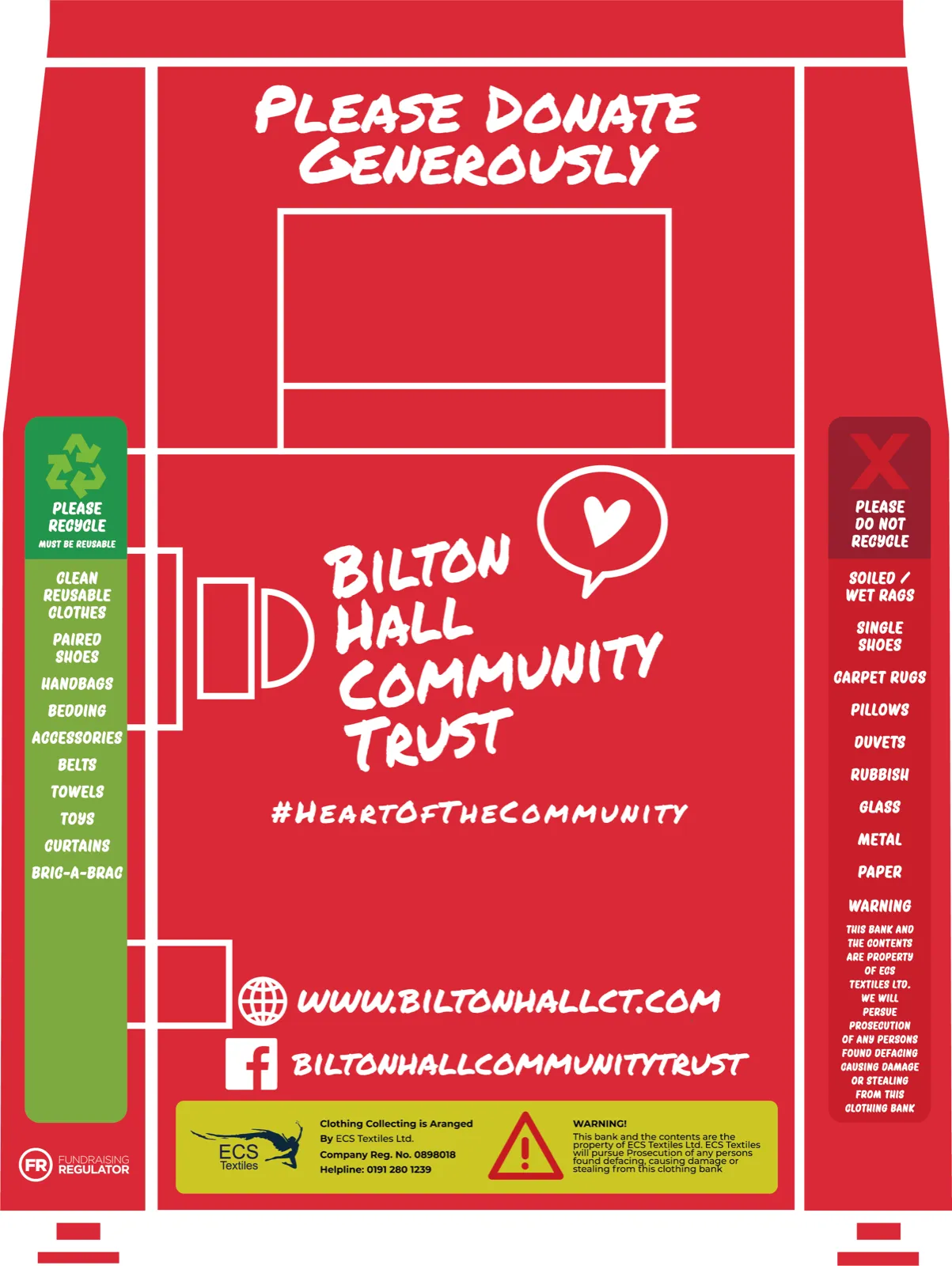Finished clothing bin design for Bilton Hall Community Trust