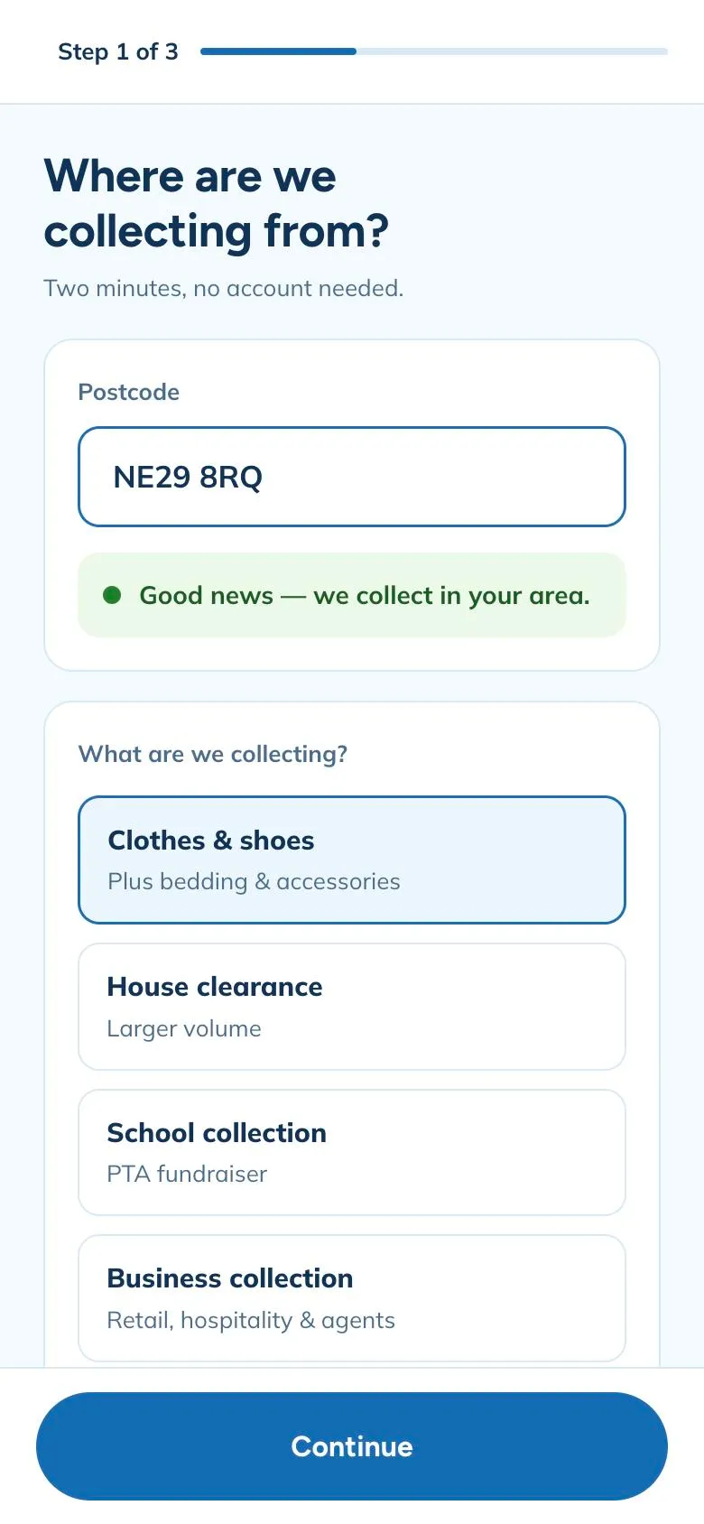 Collect4All booking step 1: enter your postcode and choose what we collect