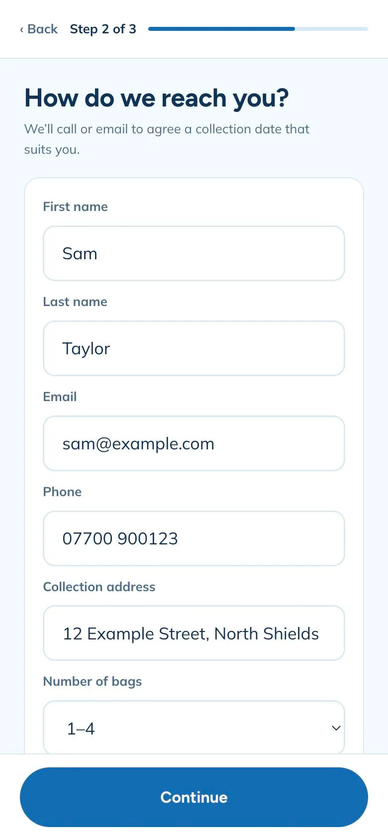 Collect4All booking step 2: your name, contact details and collection address