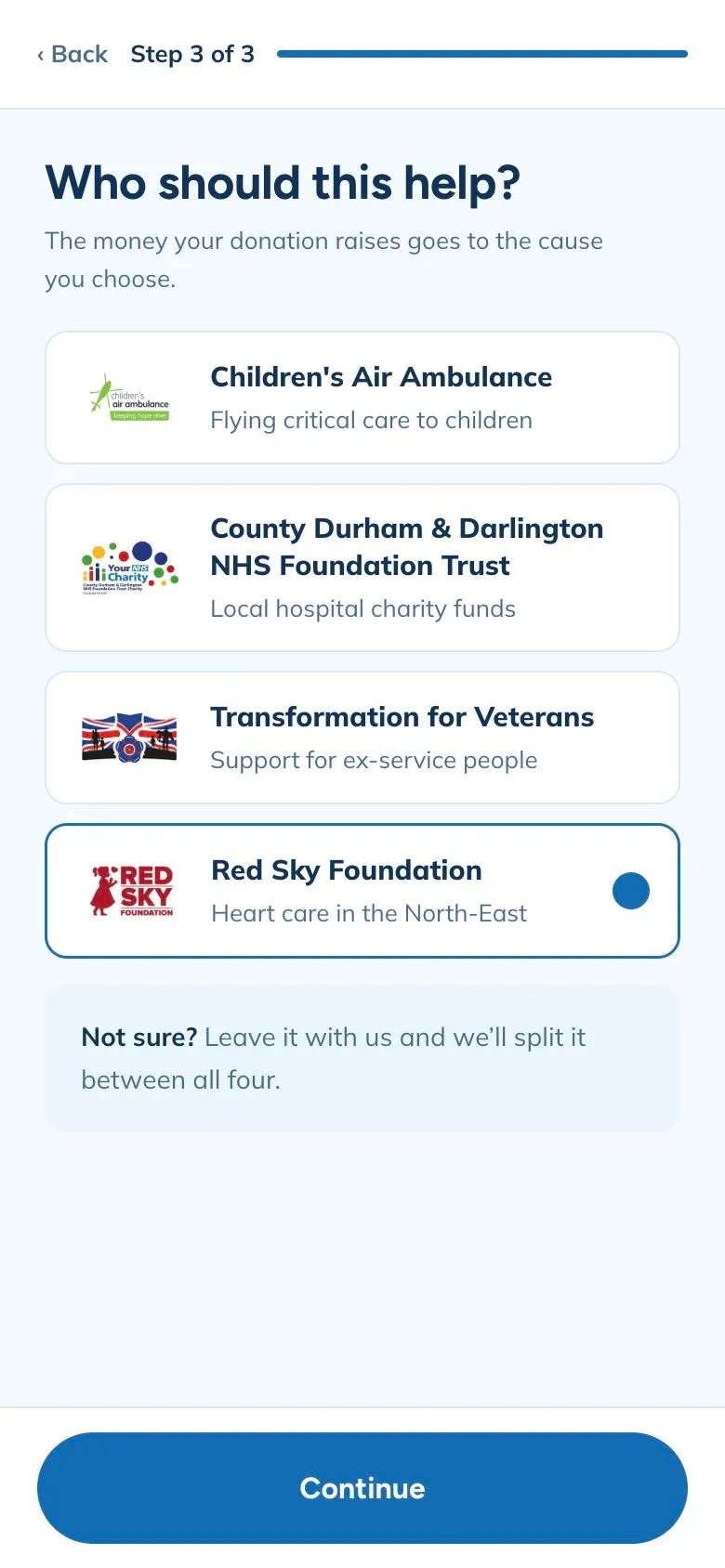 Collect4All booking step 3: choose the charity your donation helps