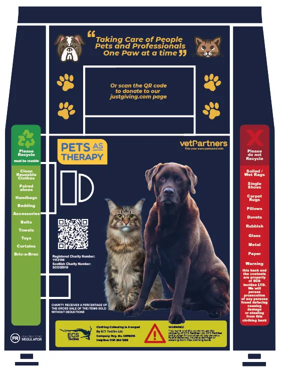 Clothing bin design for Pets as Therapy, with the VetPartners logo