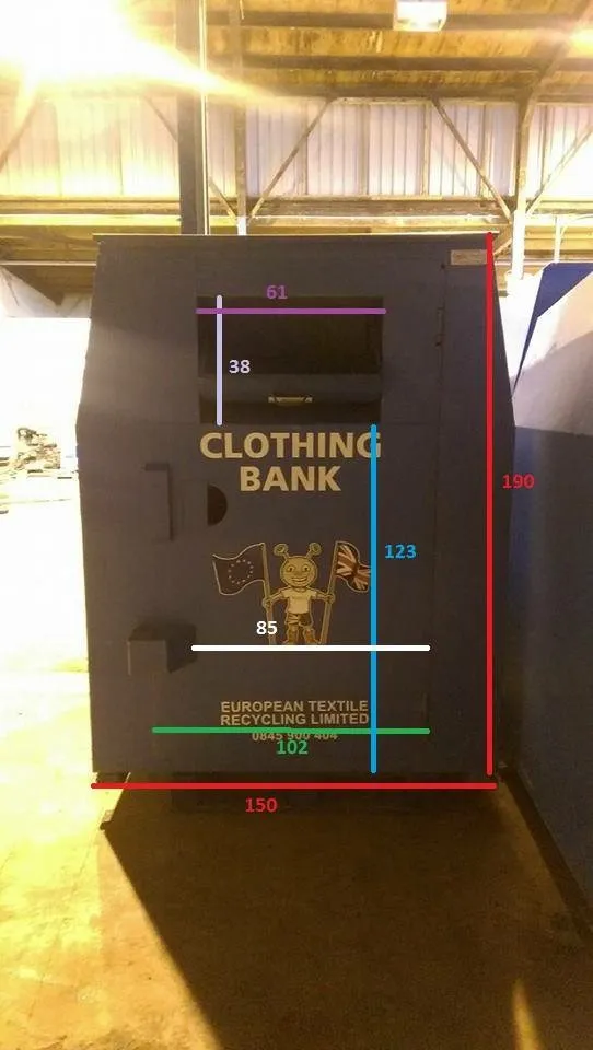 Clothing bin with its measurements marked